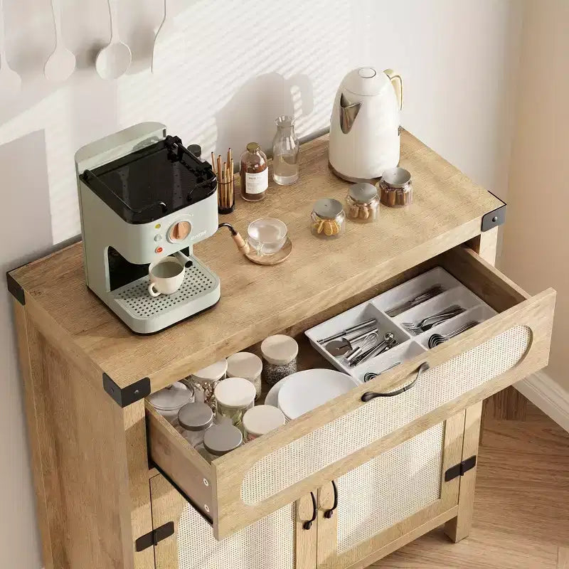 29.9'' Kleiner Rattan-Buffetschrank mit Stauraum, Küchen-Kaffeebar-Schrank mit Türen und Schublade, Sideboard mit verstellbaren Einlegeböden und Griff