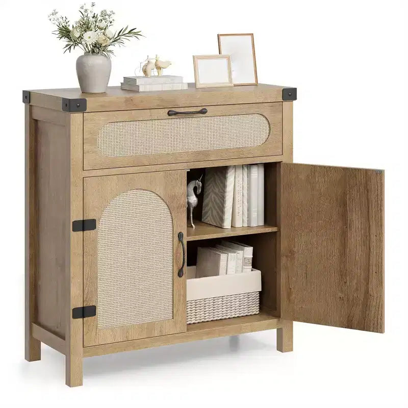 29.9'' Kleiner Rattan-Buffetschrank mit Stauraum, Küchen-Kaffeebar-Schrank mit Türen und Schublade, Sideboard mit verstellbaren Einlegeböden und Griff
