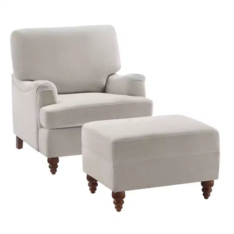 Moderner Polstersessel und Ottoman-Set, englische Rollarmlehnen, Hartholzrahmen, Polyester