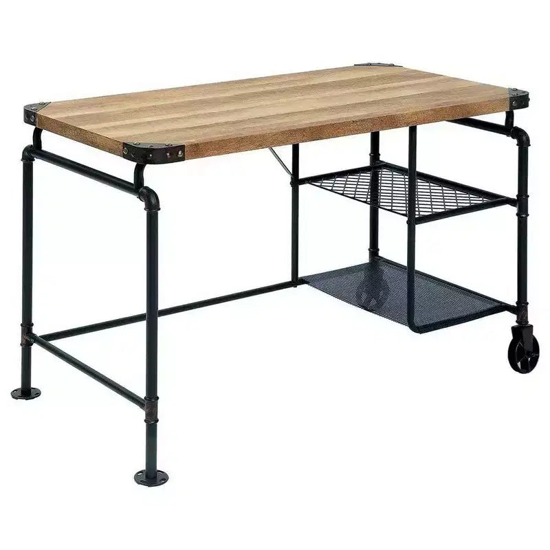 47" Industrie-Schreibtisch mit Rollenakzenten, schwarzem Metallgestell und Holzplatte