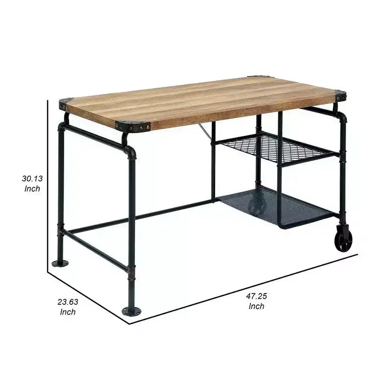 47" Industrie-Schreibtisch mit Rollenakzenten, schwarzem Metallgestell und Holzplatte