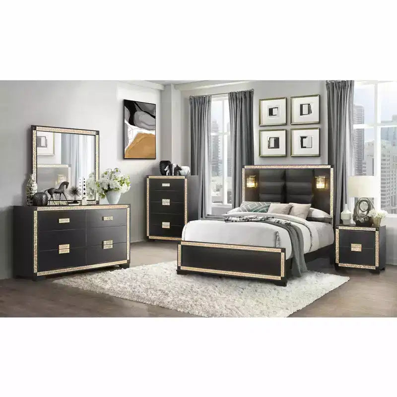 4-Schubladen-Kommode, horizontal, Schwarz & Gold, traditioneller Glamour-Stil, 34,1" x 48,35"