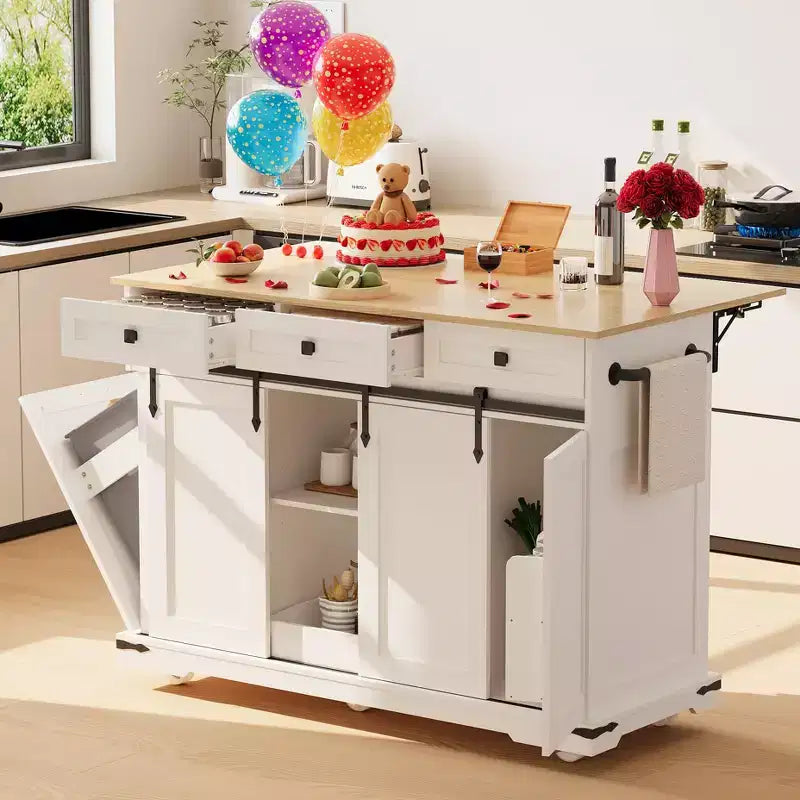 54 Kücheninsel mit Steckdose, Klappplatte & Mülleimerschrank, rollbarer Küchenwagen mit 2 Schiebetüren, 3 Schubladen, großer Kaffeebar-Tisch