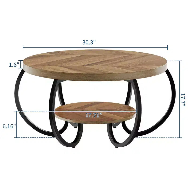 30" runder Couchtisch im Landhausstil mit Ablagefach, 2-stöckig, rustikales Holz & geschwungene Metallbeine