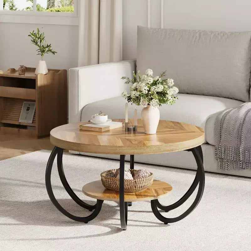 30" runder Couchtisch im Landhausstil mit Ablagefach, 2-stöckig, rustikales Holz & geschwungene Metallbeine