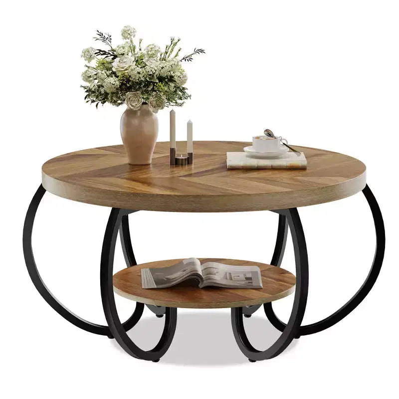 30" runder Couchtisch im Landhausstil mit Ablagefach, 2-stöckig, rustikales Holz & geschwungene Metallbeine