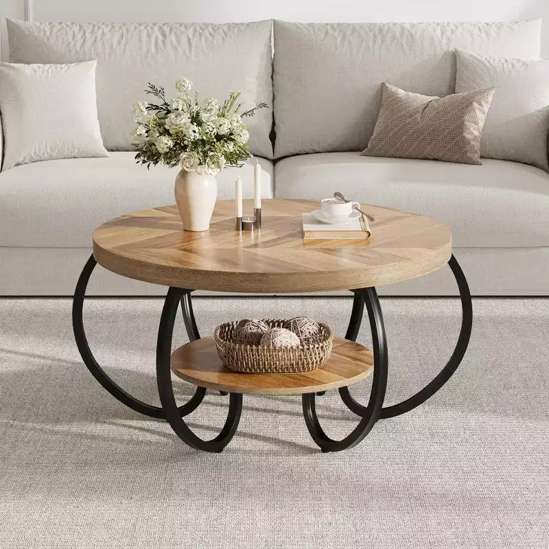 30" runder Couchtisch im Landhausstil mit Ablagefach, 2-stöckig, rustikales Holz & geschwungene Metallbeine