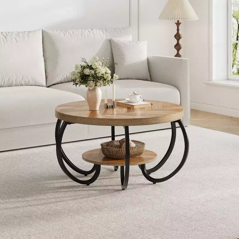 30" runder Couchtisch im Landhausstil mit Ablagefach, 2-stöckig, rustikales Holz & geschwungene Metallbeine