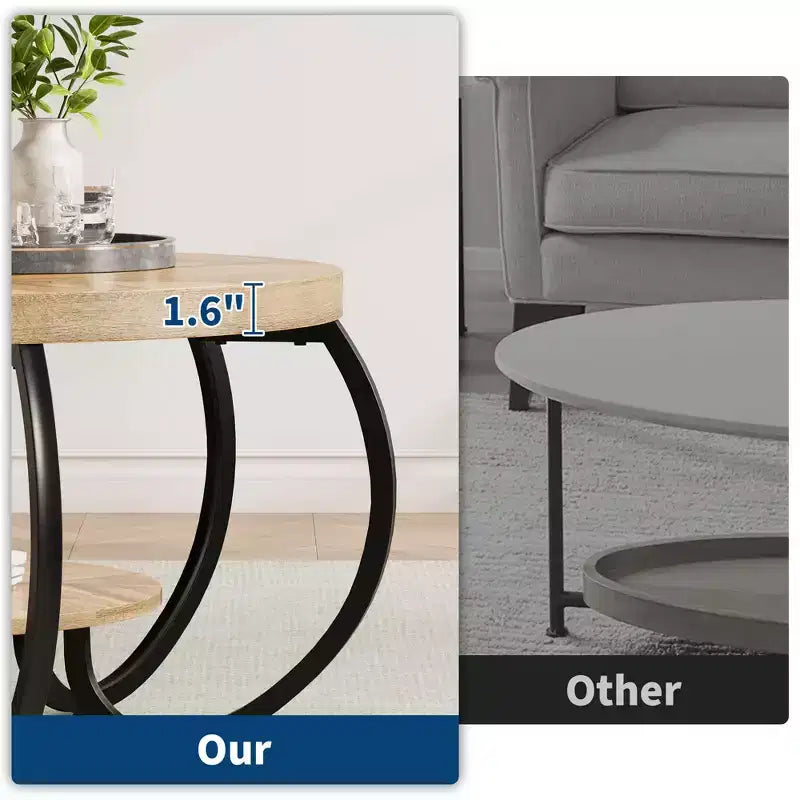 30" runder Couchtisch im Landhausstil mit Ablagefach, 2-stöckig, rustikales Holz & geschwungene Metallbeine