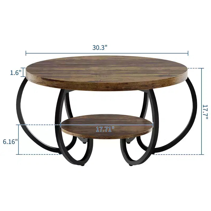 30" runder Couchtisch im Landhausstil mit Ablagefach, 2-stöckig, rustikales Holz & geschwungene Metallbeine