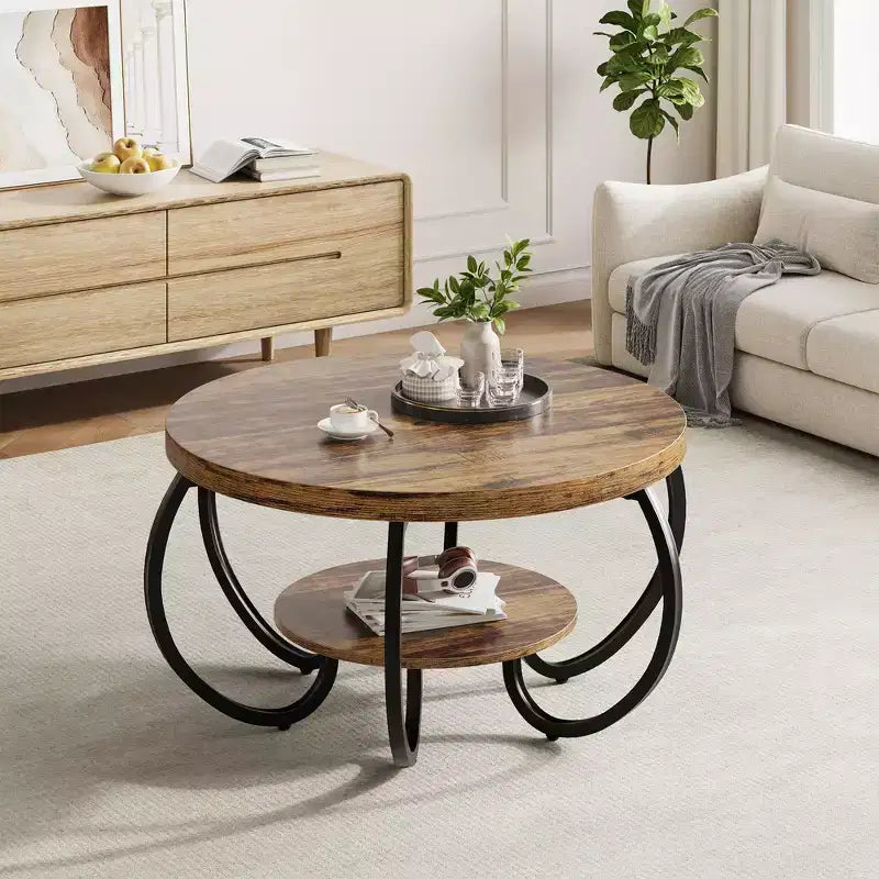 30" runder Couchtisch im Landhausstil mit Ablagefach, 2-stöckig, rustikales Holz & geschwungene Metallbeine