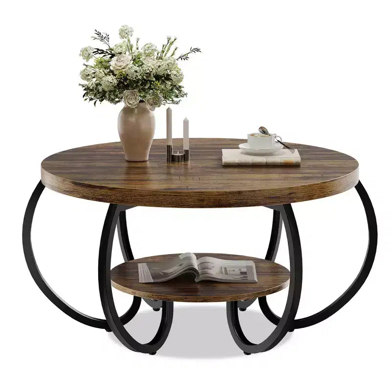 30" runder Couchtisch im Landhausstil mit Ablagefach, 2-stöckig, rustikales Holz & geschwungene Metallbeine