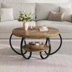 30" runder Couchtisch im Landhausstil mit Ablagefach, 2-stöckig, rustikales Holz & geschwungene Metallbeine