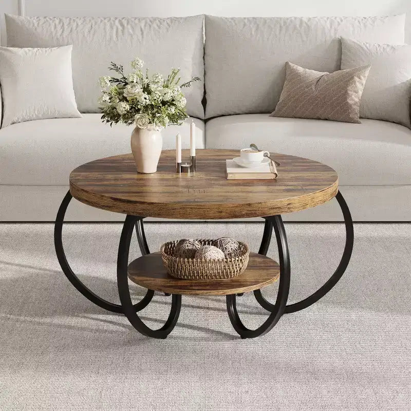 30" runder Couchtisch im Landhausstil mit Ablagefach, 2-stöckig, rustikales Holz & geschwungene Metallbeine