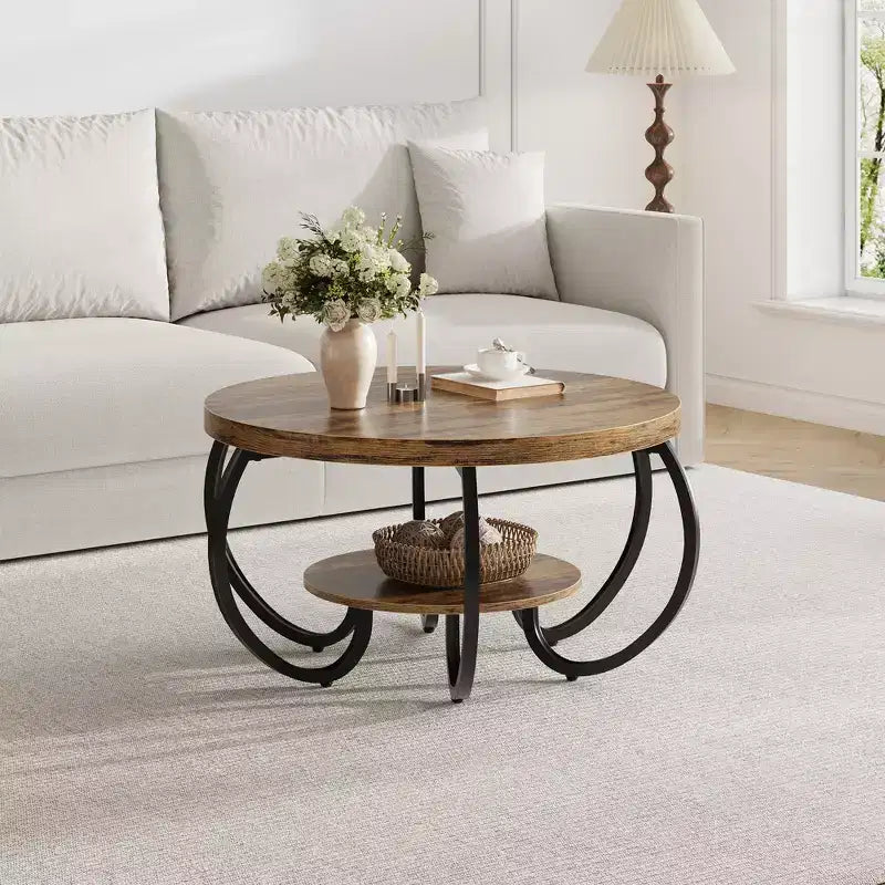 30" runder Couchtisch im Landhausstil mit Ablagefach, 2-stöckig, rustikales Holz & geschwungene Metallbeine