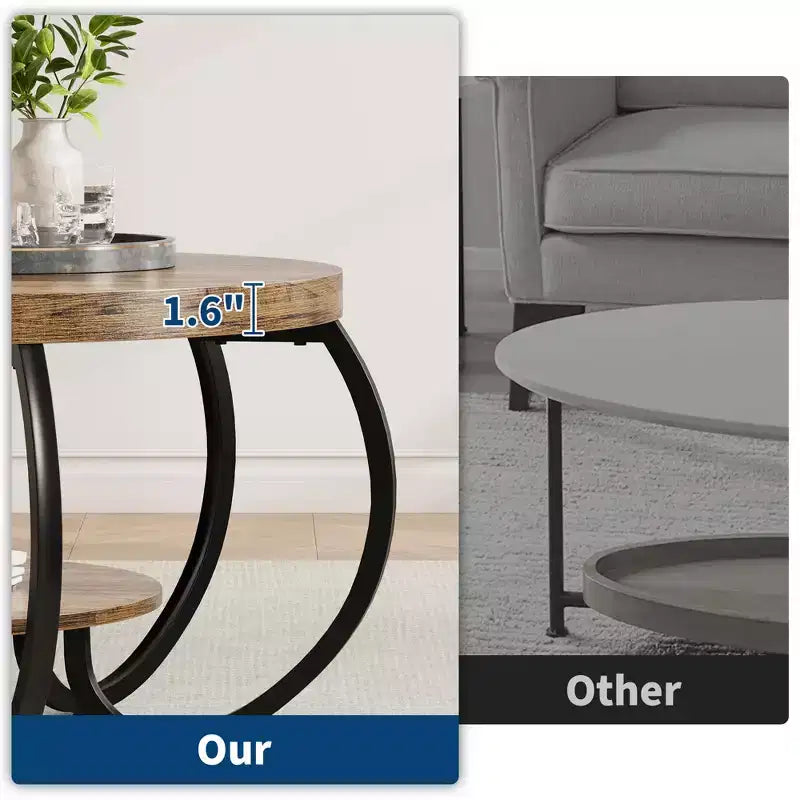 30" runder Couchtisch im Landhausstil mit Ablagefach, 2-stöckig, rustikales Holz & geschwungene Metallbeine