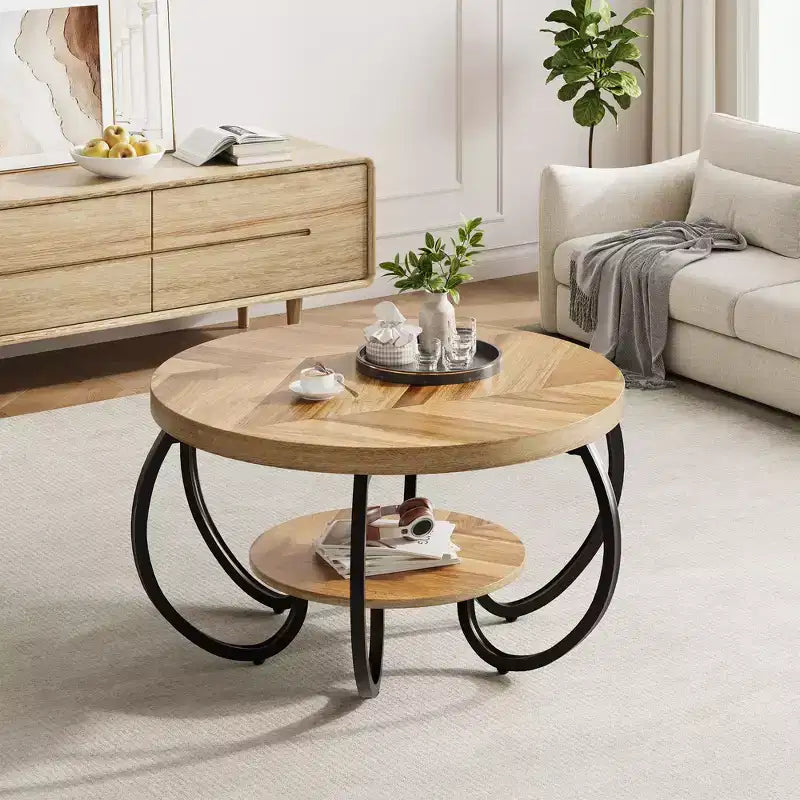 30" runder Couchtisch im Landhausstil mit Ablagefach, 2-stöckig, rustikales Holz & geschwungene Metallbeine