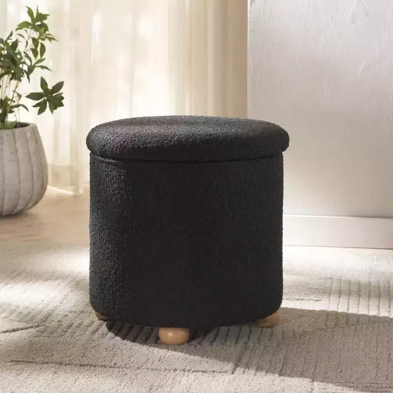 Runder Bouclé-Aufbewahrungshocker, gepolsterte Fußstütze mit verstecktem Fach, moderner Stil