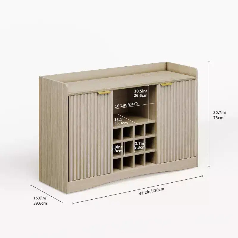 47 Weinbarschrank mit 9 Gläserhaltern, gerillter Spirituosen-Kaffee-Barschrank mit Stauraum für Esszimmer, Sideboard Buffet Schrank für Wohnzimmer