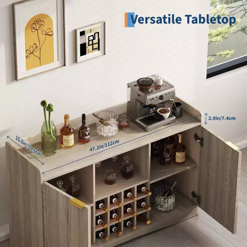47 Weinbarschrank mit 9 Gläserhaltern, gerillter Spirituosen-Kaffee-Barschrank mit Stauraum für Esszimmer, Sideboard Buffet Schrank für Wohnzimmer
