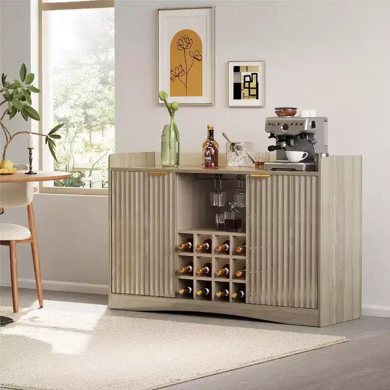 47 Weinbarschrank mit 9 Gläserhaltern, gerillter Spirituosen-Kaffee-Barschrank mit Stauraum für Esszimmer, Sideboard Buffet Schrank für Wohnzimmer