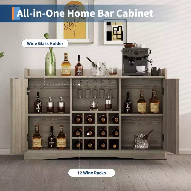 47 Weinbarschrank mit 9 Gläserhaltern, gerillter Spirituosen-Kaffee-Barschrank mit Stauraum für Esszimmer, Sideboard Buffet Schrank für Wohnzimmer