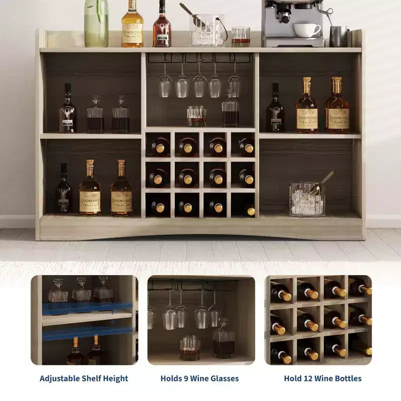 47 Weinbarschrank mit 9 Gläserhaltern, gerillter Spirituosen-Kaffee-Barschrank mit Stauraum für Esszimmer, Sideboard Buffet Schrank für Wohnzimmer