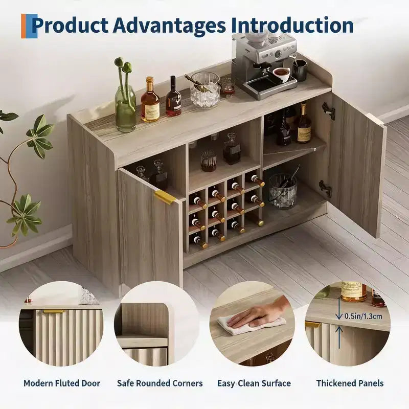 47 Weinbarschrank mit 9 Gläserhaltern, gerillter Spirituosen-Kaffee-Barschrank mit Stauraum für Esszimmer, Sideboard Buffet Schrank für Wohnzimmer