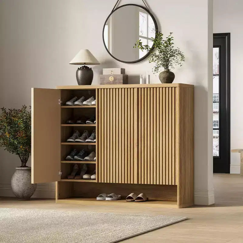 46 Zoll Holzschuhschrank mit geriffelter Tür – Verstellbarer Stauraum fasst 30-35 Paar für Eingangsbereich & Wohnzimmer