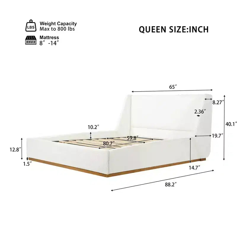 Luxuriöses gepolstertes Plattformbett mit Ohrenlehnen, Queen/King, spritzwassergeschütztes Bouclé, 360 kg Tragfähigkeit