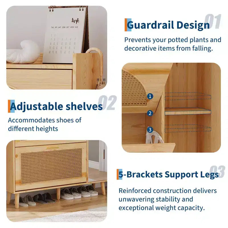 Schuhschrank aus Rattan mit Spiegel, 2 Klappfächern und verstellbaren Einlegeböden, Bauernhaus-Stil für den Eingangsbereich