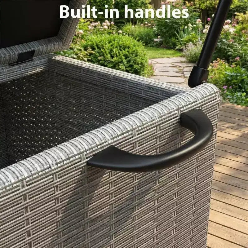 125 Gallon Outdoor Wicker Deck Box, wetterfeste wasserdichte Terrassenaufbewahrungsbox mit PE-Rattan-Finish und Stahlrahmen, für Kissen, Gartenwerkzeuge