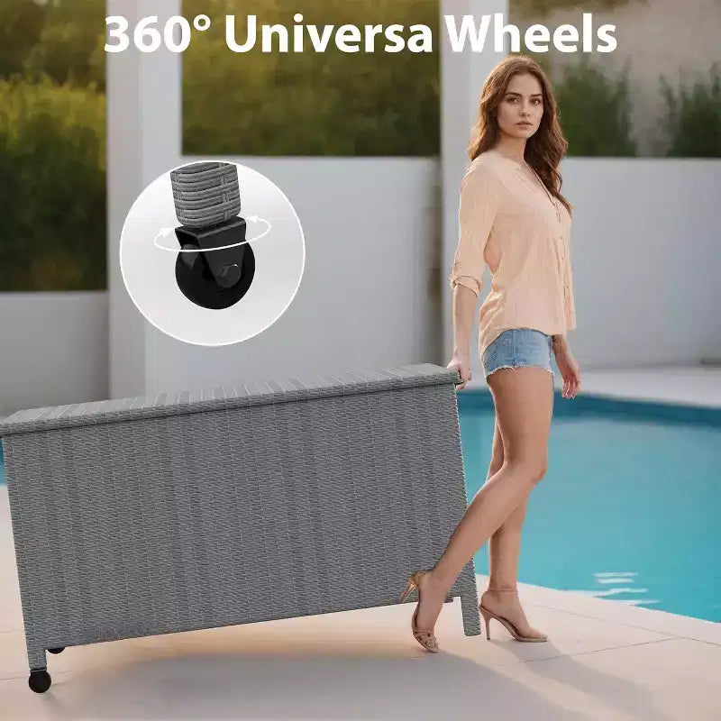 125 Gallon Outdoor Wicker Deck Box, wetterfeste wasserdichte Terrassenaufbewahrungsbox mit PE-Rattan-Finish und Stahlrahmen, für Kissen, Gartenwerkzeuge