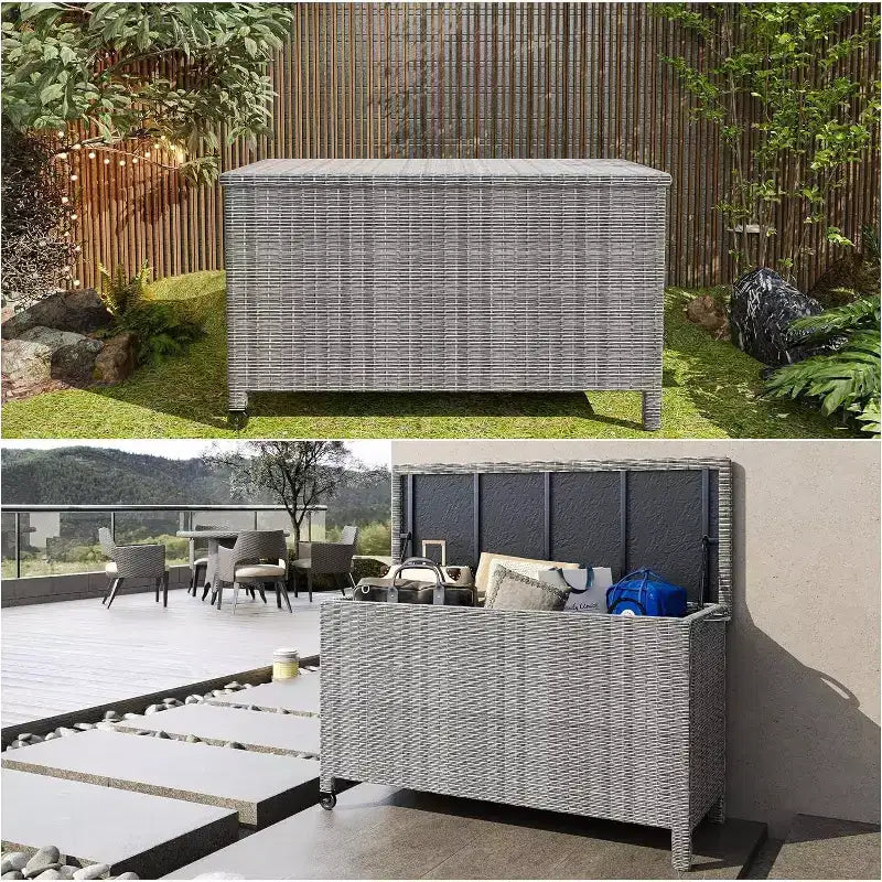 125 Gallon Outdoor Wicker Deck Box, wetterfeste wasserdichte Terrassenaufbewahrungsbox mit PE-Rattan-Finish und Stahlrahmen, für Kissen, Gartenwerkzeuge