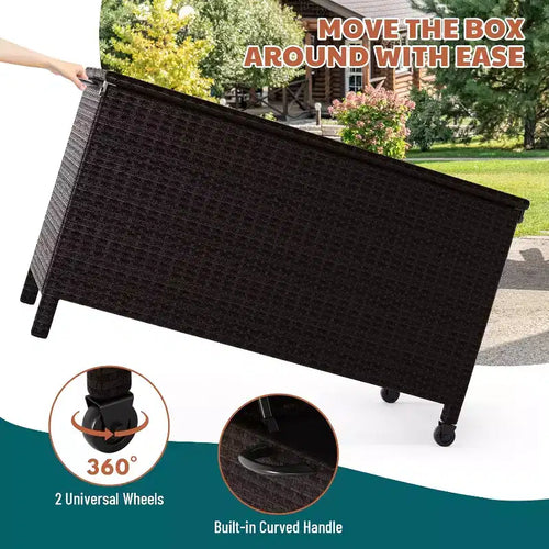 125 Gallon Outdoor Wicker Deck Box, wetterfeste wasserdichte Terrassenaufbewahrungsbox mit PE-Rattan-Finish und Stahlrahmen, für Kissen, Gartenwerkzeuge