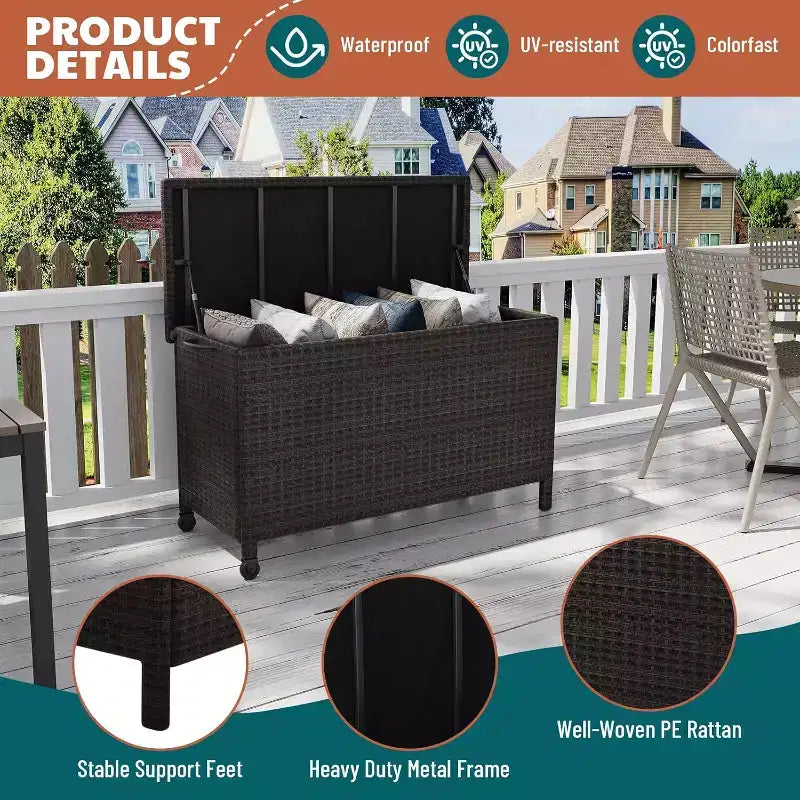 125 Gallon Outdoor Wicker Deck Box, wetterfeste wasserdichte Terrassenaufbewahrungsbox mit PE-Rattan-Finish und Stahlrahmen, für Kissen, Gartenwerkzeuge