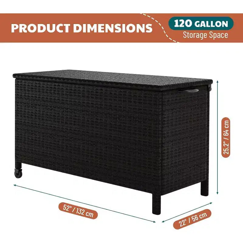 125 Gallon Outdoor Wicker Deck Box, wetterfeste wasserdichte Terrassenaufbewahrungsbox mit PE-Rattan-Finish und Stahlrahmen, für Kissen, Gartenwerkzeuge
