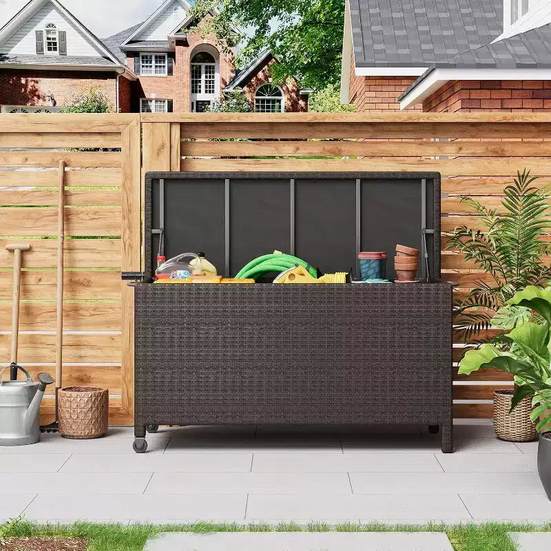 125 Gallon Outdoor Wicker Deck Box, wetterfeste wasserdichte Terrassenaufbewahrungsbox mit PE-Rattan-Finish und Stahlrahmen, für Kissen, Gartenwerkzeuge