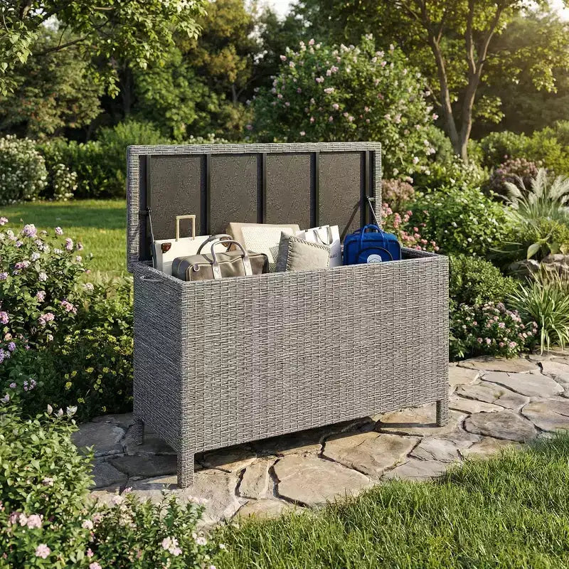 125 Gallon Outdoor Wicker Deck Box, wetterfeste wasserdichte Terrassenaufbewahrungsbox mit PE-Rattan-Finish und Stahlrahmen, für Kissen, Gartenwerkzeuge