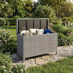 125 Gallon Outdoor Wicker Deck Box, wetterfeste wasserdichte Terrassenaufbewahrungsbox mit PE-Rattan-Finish und Stahlrahmen, für Kissen, Gartenwerkzeuge