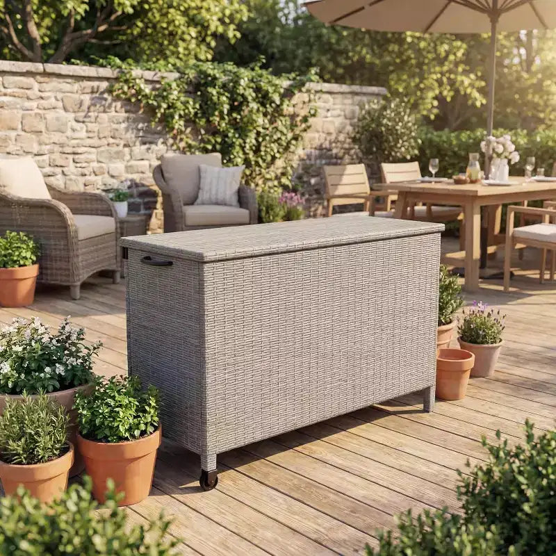 125 Gallon Outdoor Wicker Deck Box, wetterfeste wasserdichte Terrassenaufbewahrungsbox mit PE-Rattan-Finish und Stahlrahmen, für Kissen, Gartenwerkzeuge