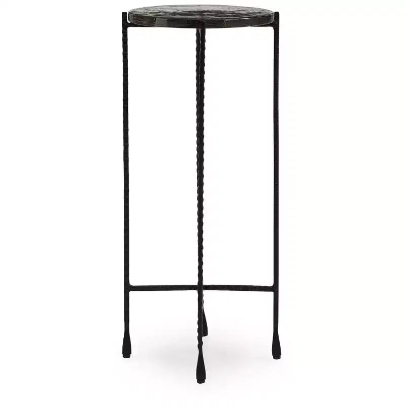 Runder Beistelltisch mit Akzenten, Tischplatte aus klarem Gussglas & schwarz gemusterter Metallrahmen, 26,7 cm x 61,6 cm