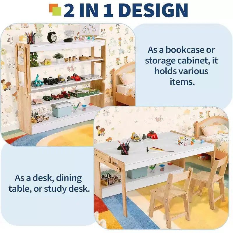 47" Umwandelbarer Kunsttisch für Kinder & 2 Stühle Set, Klappbarer Aktivitätstisch mit Ablagefächern