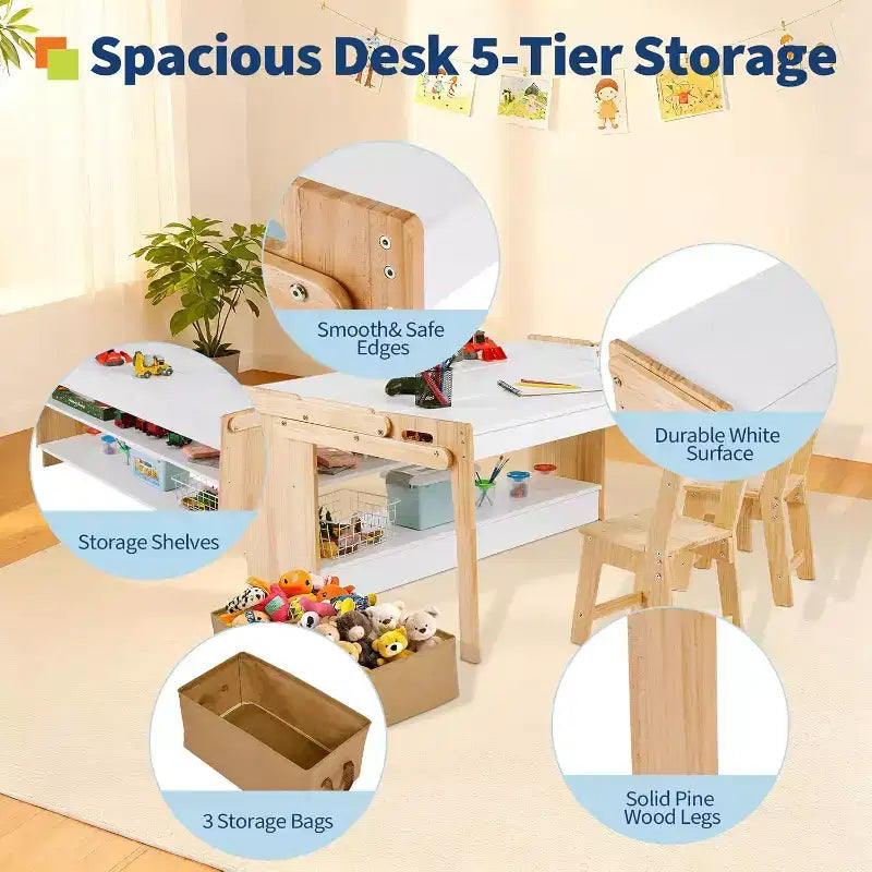 47" Umwandelbarer Kunsttisch für Kinder & 2 Stühle Set, Klappbarer Aktivitätstisch mit Ablagefächern