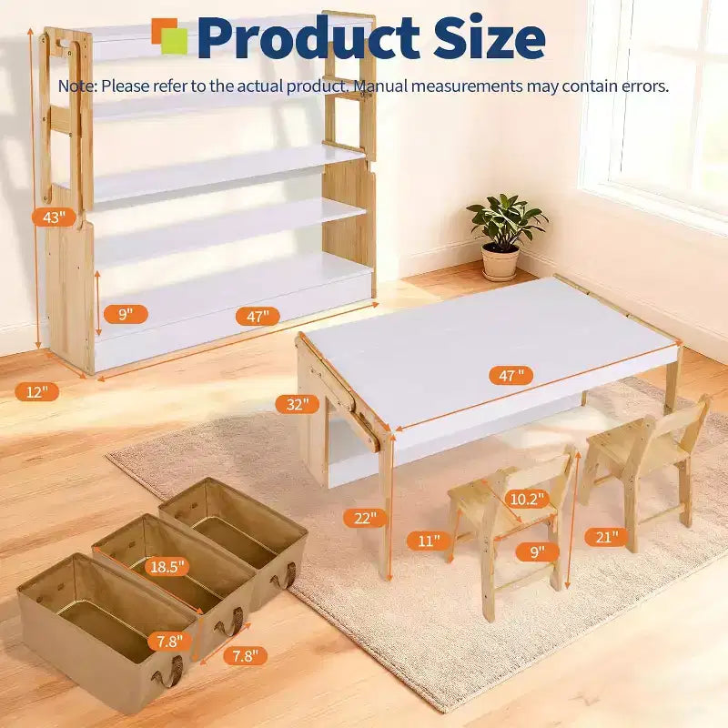 47" Umwandelbarer Kunsttisch für Kinder & 2 Stühle Set, Klappbarer Aktivitätstisch mit Ablagefächern
