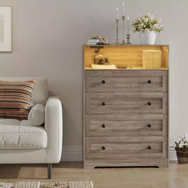 4-Drawer Dresser with Charging Station & LED Light, Skinny Vertical Chest with Open Shelf, Bedroom Dresser for Closet, Nursery, Apartments