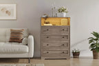 4-Drawer Dresser with Charging Station & LED Light, Skinny Vertical Chest with Open Shelf, Bedroom Dresser for Closet, Nursery, Apartments