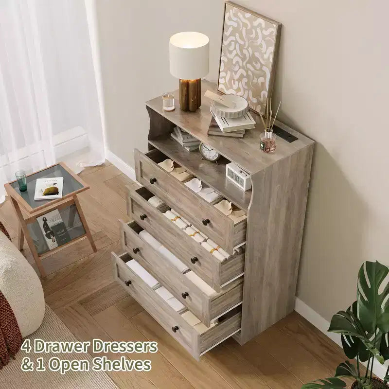 4-Schubladen-Kommode mit Ladestation & LED-Beleuchtung, schmale vertikale Schubladenkommode mit offenem Regal, Schlafzimmerkommode für Schrank, Kinderzimmer, Apartments