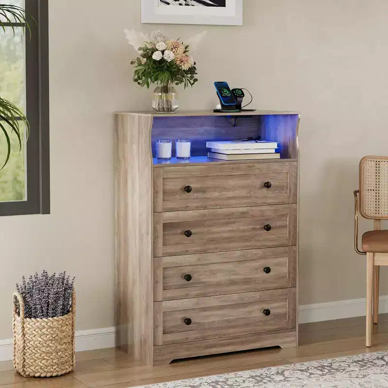 4-Schubladen-Kommode mit Ladestation & LED-Beleuchtung, schmale vertikale Schubladenkommode mit offenem Regal, Schlafzimmerkommode für Schrank, Kinderzimmer, Apartments
