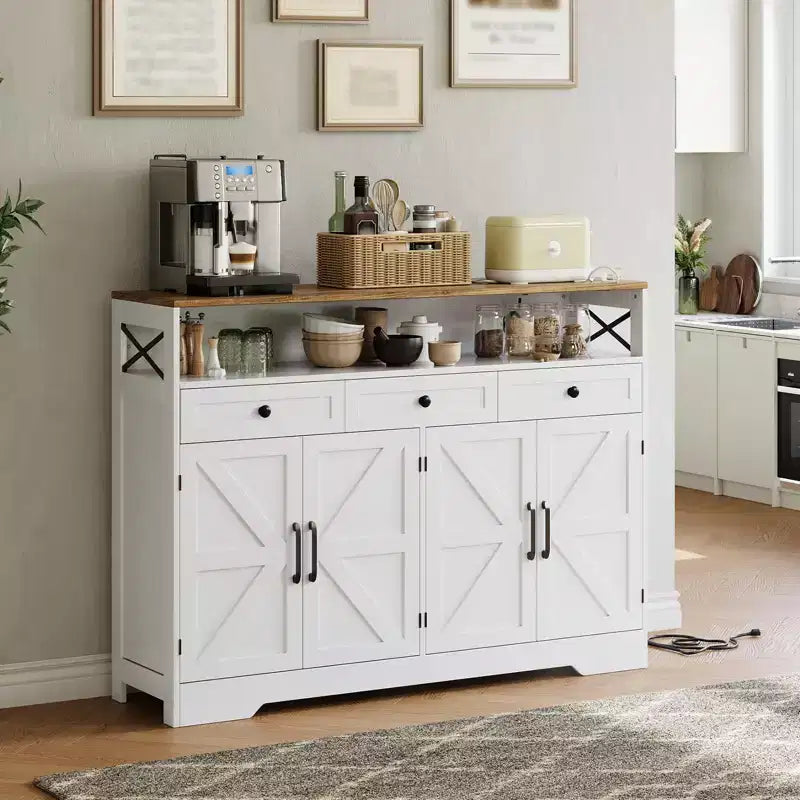 51" Bauernhaus-Buffetschrank mit 4 Scheunentüren, 3 Schubladen und Stauraum für das Esszimmer